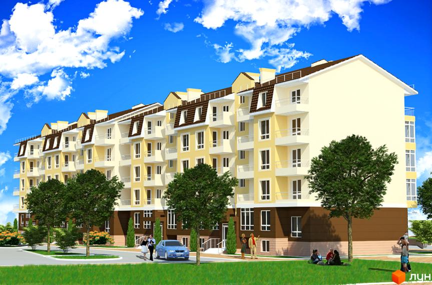 Житловий комплекс Затишне містечко з жовтими фасадами та коричневими дахами. Навколо зелений газон, дерева та люди.