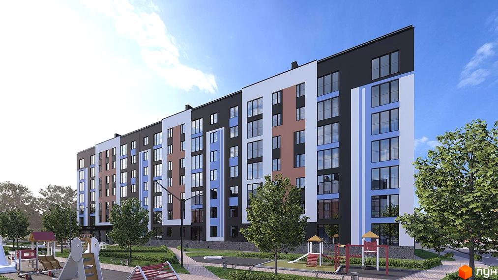 Зовнішній вигляд будинку житлового комплексу Dynasty з різнокольоровими фасадами та великими вікнами. Прибудинкова територія з дитячим майданчиком та зеленими насадженнями.