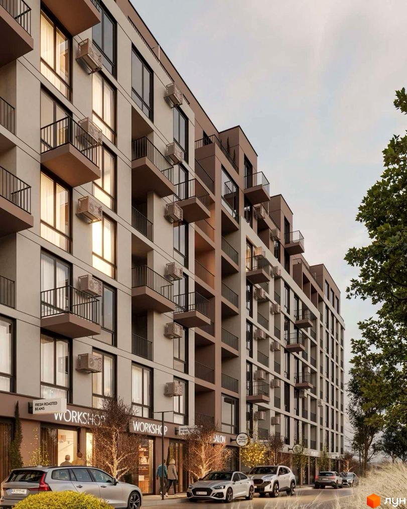 Зовнішній вигляд будинку ЖК TERRA M з балконами та кондиціонерами. На першому поверсі розташовані комерційні приміщення. Перед будинком стоять автомобілі.