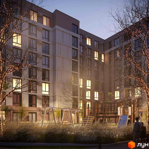 Житловий комплекс TERRA M з освітленими вікнами та дитячим майданчиком із гойдалками та гіркою. Навколо будівлі ростуть дерева, прикрашені гірляндами.