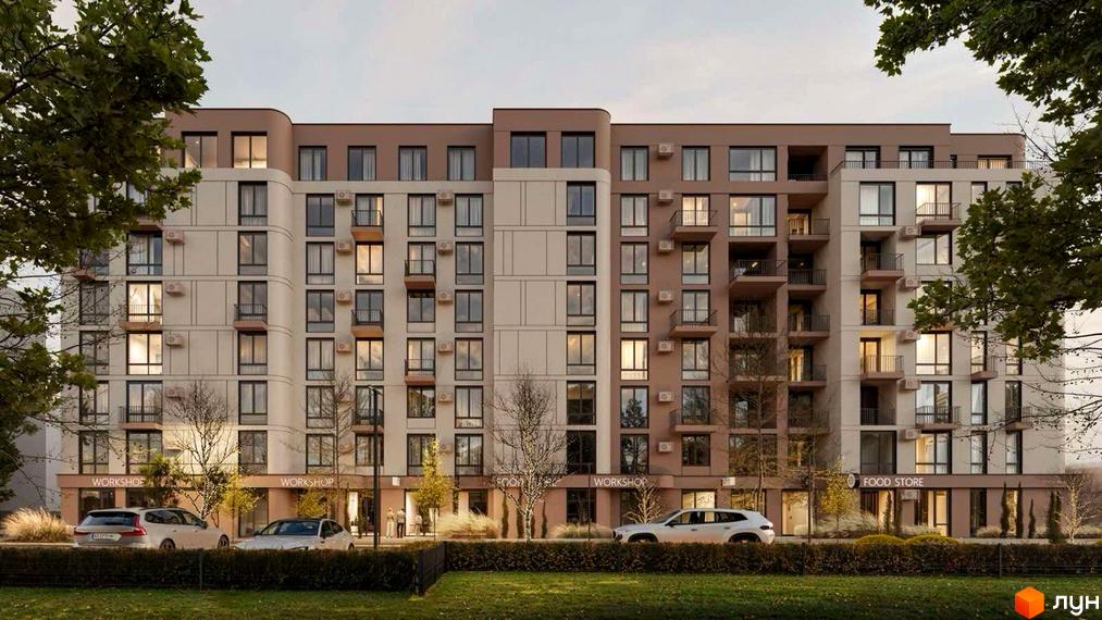 Зовнішній вигляд житлового комплексу TERRA M з фасадами світлих та коричневих відтінків, балконами та кондиціонерами. Навколо будинку розташовані дерева та припарковані автомобілі.