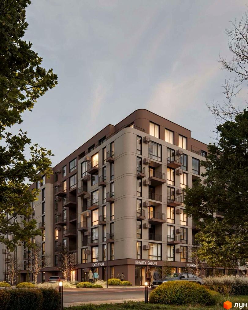 Новобудова ЖК TERRA M з великою кількістю вікон та балконів, оточена деревами та кущами. На першому поверсі розташовані комерційні приміщення.