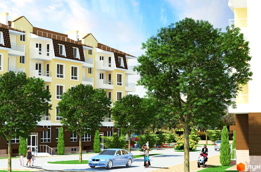 Зовнішній вигляд ЖК Затишне містечко: світло-жовтий будинок з коричневим дахом та балконами. Поруч зелені дерева, дитячий майданчик та дорога з автомобілем.