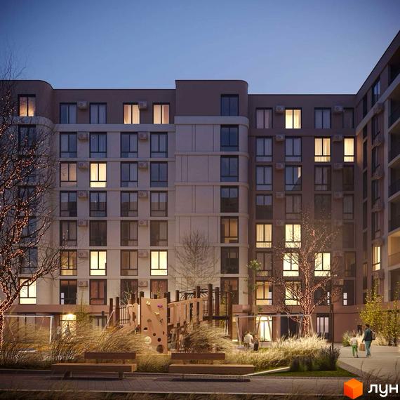 Новобудова ЖК TERRA M з численними вікнами та кондиціонерами, з прибудинковою територією з дитячим майданчиком, лавками та деревами, прикрашеними гірляндами.