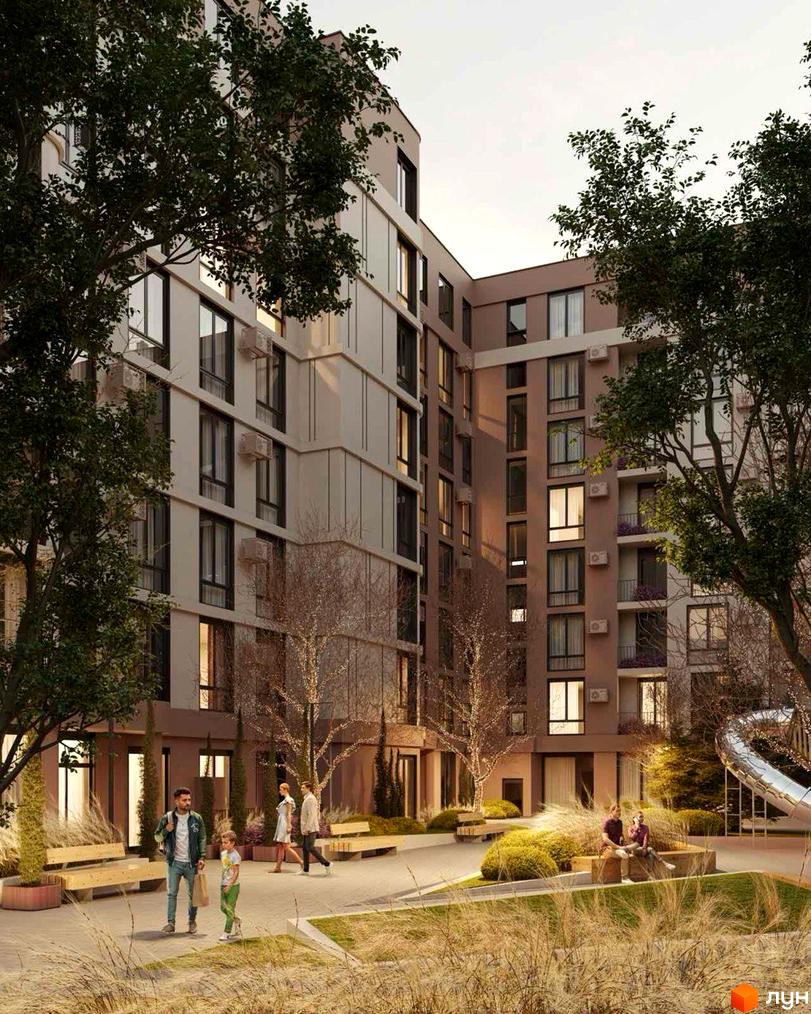 Житловий комплекс TERRA M з сучасним фасадом та затишною прибудинковою територією з зонами відпочинку та озелененням.