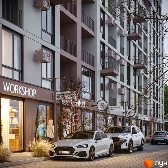 Фасад житлового комплексу ЖК TERRA M з великими вікнами та балконами, поруч розташовані автомобілі та дерева.