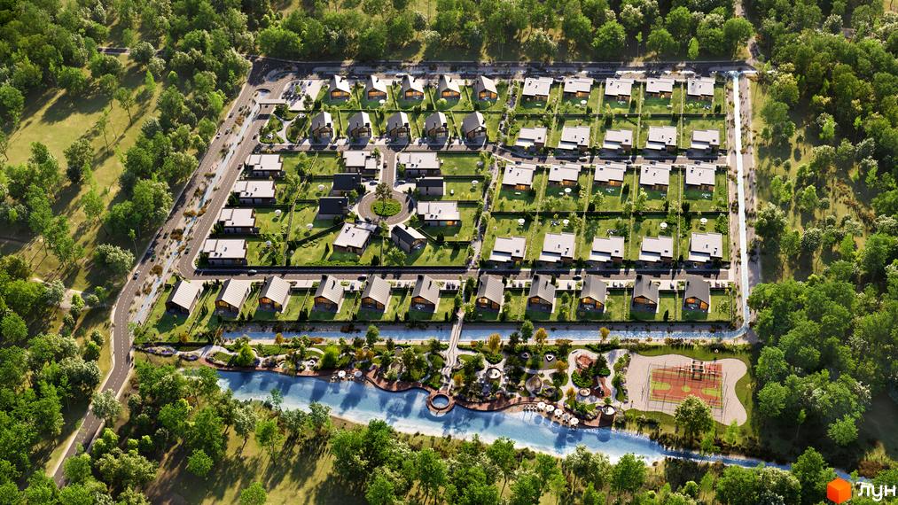 Котеджне містечко КМ Piemont eco village з сучасними будинками та доглянутою прибудинковою територією біля річки.