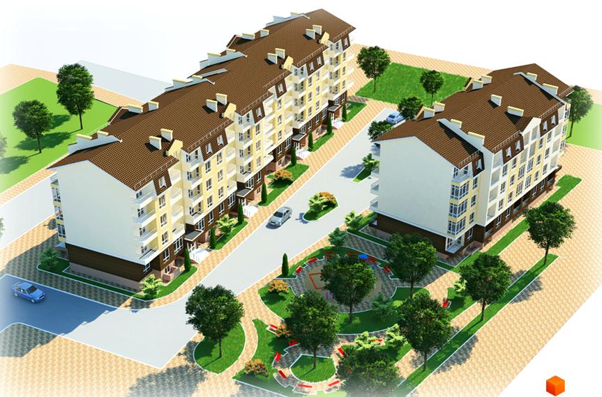 Житловий комплекс Затишне містечко з жовто-бежевими фасадами та коричневими дахами. Навколо зелена територія з дитячим майданчиком та доріжками.