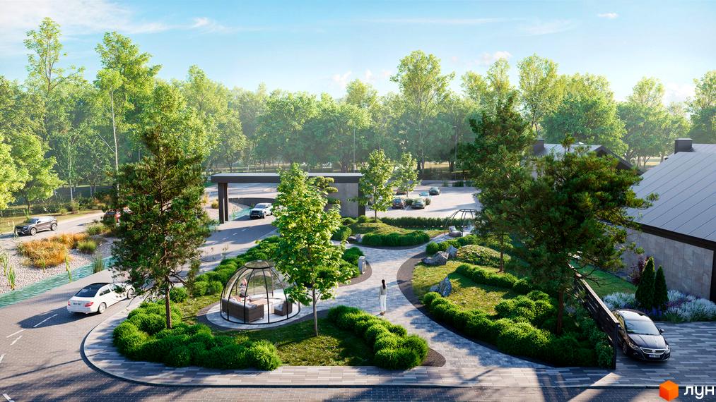 Котеджне містечко Piemont eco village з будинками з темними дахами та сірими фасадами, оточене доглянутою зеленою територією з деревами та пішохідними доріжками.