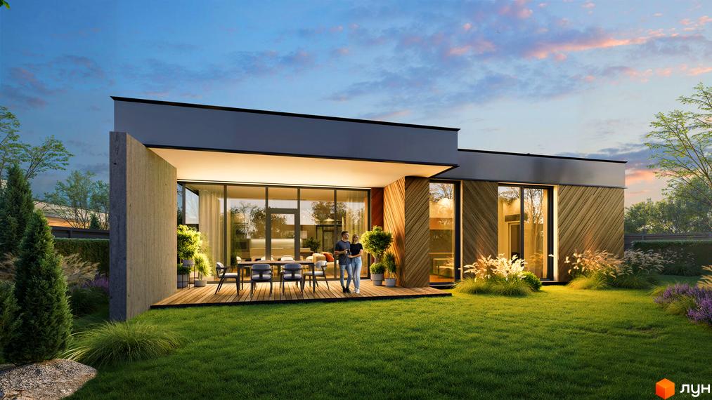 Котеджне містечко Piemont eco village: одноповерховий будинок з панорамними вікнами, дерев'яним фасадом, терасою та зеленою галявиною.