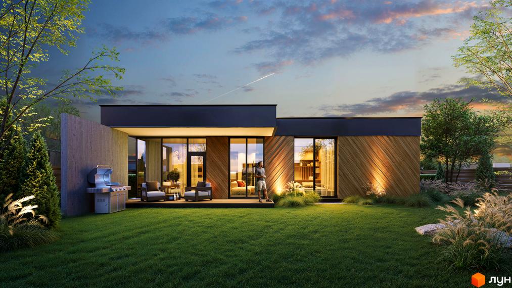 Котеджне містечко Piemont eco village: Одноповерховий будинок з дерев'яним оздобленням та великими вікнами. Навколо доглянутий газон, тераса та зелені насадження.