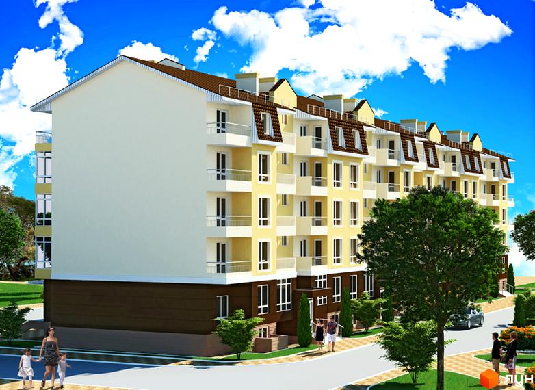 Зовнішній вигляд жовто-білої новобудови ЖК Затишне містечко з балконами та дахом коричневого кольору. Навколо новобудови зелені дерева та доглянута прибудинкова територія.