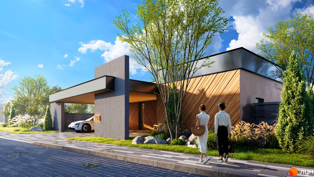 Котеджне містечко Piemont eco village з сучасним дизайном фасаду та доглянутою прибудинковою територією. Біля будинку розташований білий електромобіль та зелені насадження.