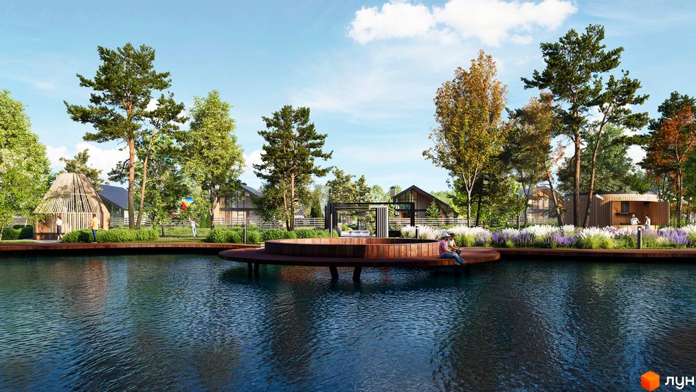 Котеджне містечко КМ Piemont eco village: озеро з дерев'яною набережною, будиночки та зелена зона. Відпочинок біля води та прогулянки на природі.