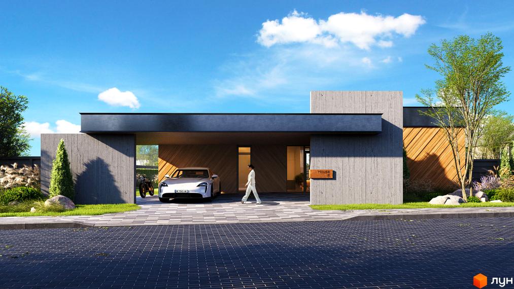 Котеджне містечко Piemont eco village з сучасним дизайном фасаду з бетону та дерева, прибудинкова територія з доглянутим ландшафтом та автомобілем.