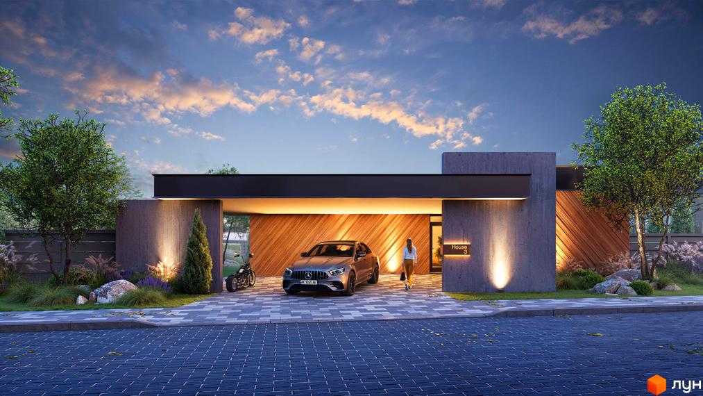 Котеджне містечко Piemont eco village. Будинок з бетонними та дерев'яними фасадами, критим паркінгом, поруч доріжки та зелені насадження.