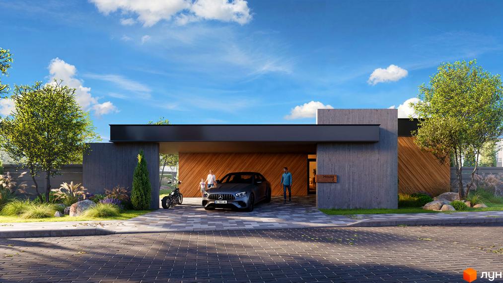 Котеджне містечко Piemont eco village: сучасний будинок з бетонними та дерев'яними елементами, прибудинкова територія з автомобілем та людьми.