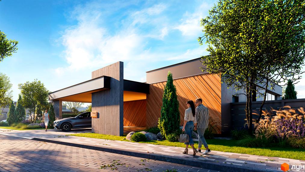 Котеджне містечко Piemont eco village: будинок з бетонним та дерев'яним фасадом, навісом для авто. Прибудинкова територія з озелененням та бруківкою.