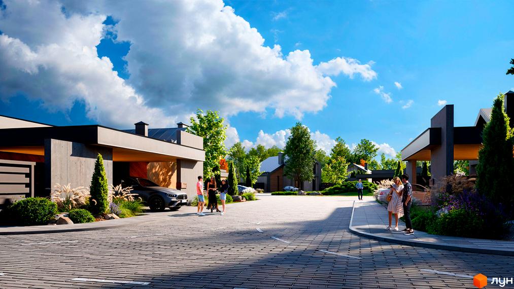 Котеджне містечко Piemont eco village. Будинки з сірими фасадами та відкритими навісами для авто, оточені доглянутою зеленою територією.