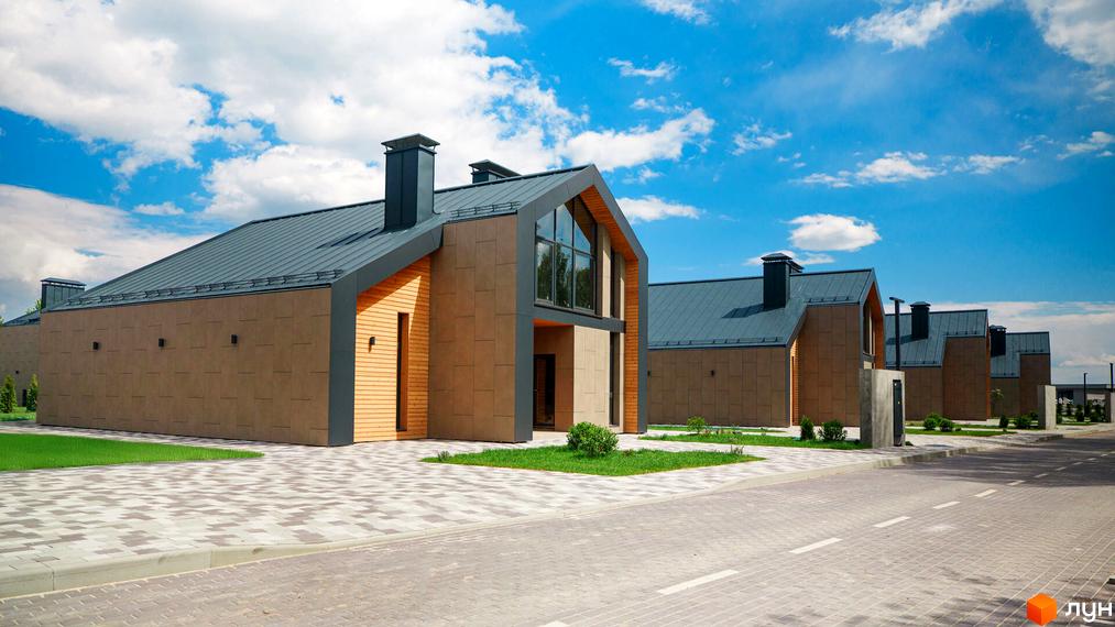 Котеджне містечко КМ Piemont eco village. Зовнішній вигляд будинків з сірими дахами та коричневими фасадами, вимощена територія.