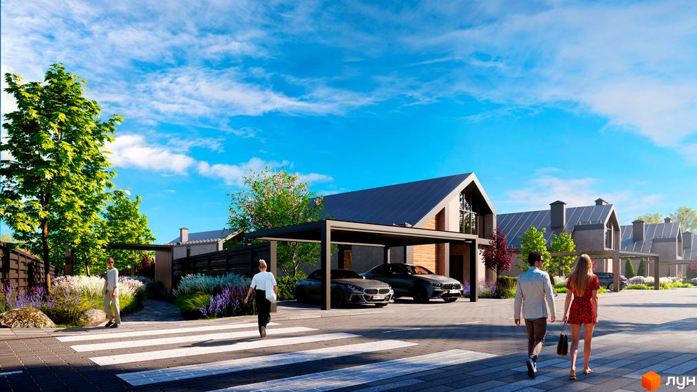 Котеджне містечко КМ Piemont eco village з сучасними будинками та доглянутою прибудинковою територією із зеленими насадженнями та пішохідними доріжками.