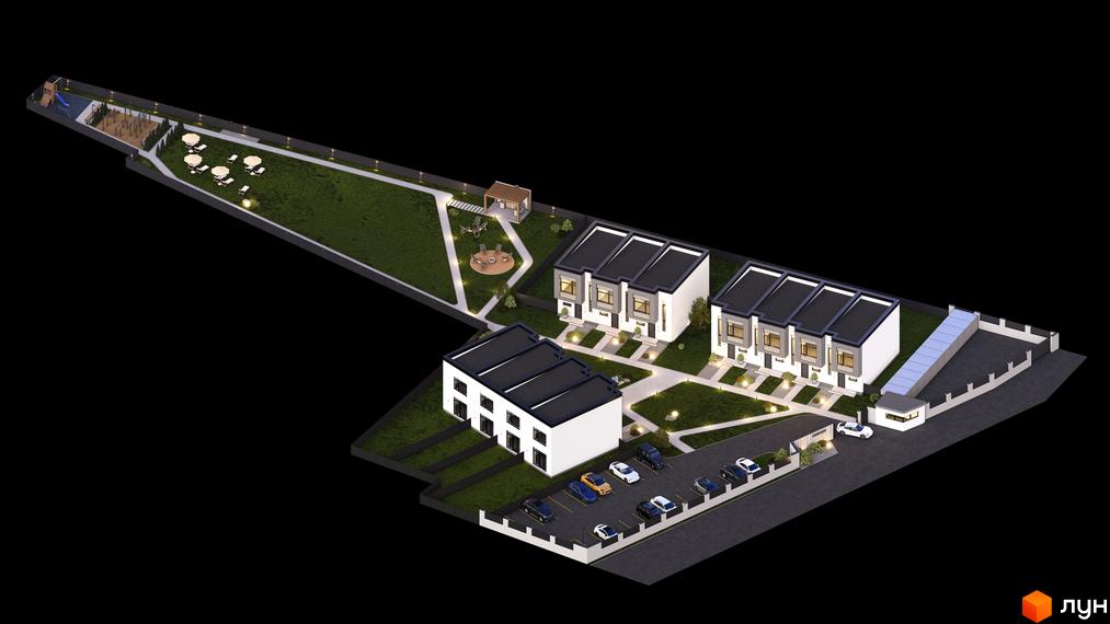 Комплекс таунхаусів 11Dreams з сучасним дизайном та доглянутою прибудинковою територією, що включає дитячий майданчик та зони відпочинку.