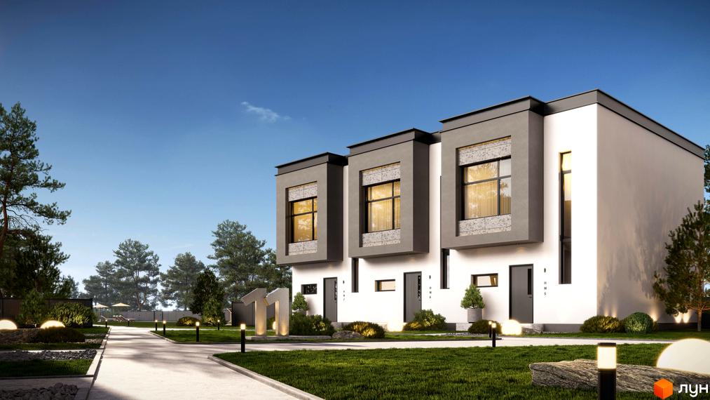 Таунхауси 11Dreams з сірими фасадами та великими вікнами на тлі блакитного неба. Поруч доглянута прибудинкова територія з газоном та освітленням.