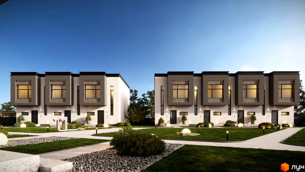 Таунхауси 11Dreams – двоповерхові будинки з сірими фасадами та великими вікнами, оточені доглянутим зеленим подвір'ям з доріжками та освітленням.