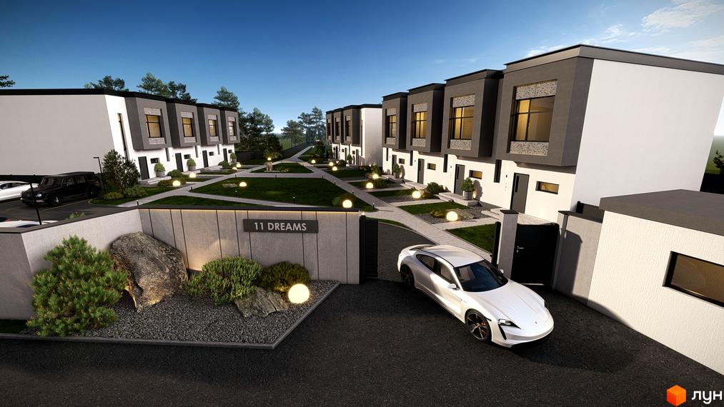 Таунхауси 11Dreams з сірими та білими фасадами, великими вікнами, розташовані на доглянутій території з доріжками та освітленням.
