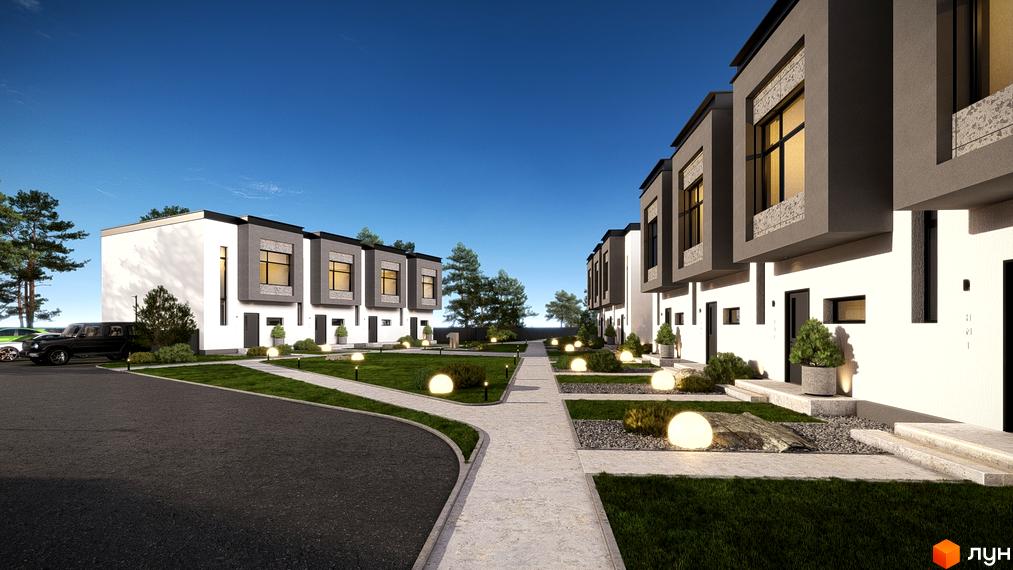Таунхауси 11Dreams з сірими та білими фасадами, великими вікнами та доглянутою прибудинковою територією з газоном та ліхтарями.