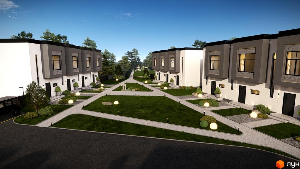 Таунхауси 11Dreams – це двоповерхові будинки з сірими фасадами та великими вікнами, розташовані на доглянутій прибудинковій території з газоном та освітленням.