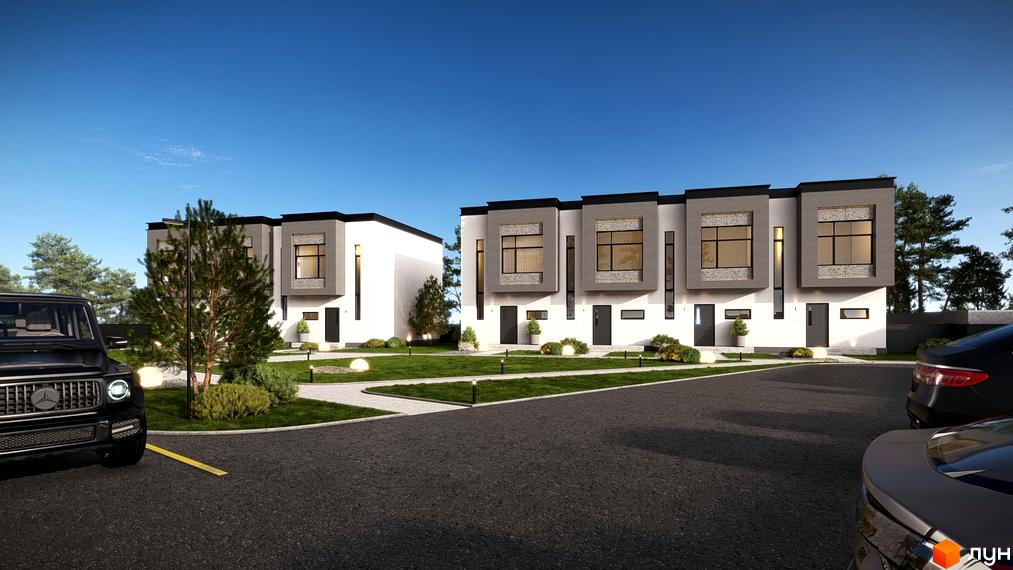 Зовнішній вигляд таунхаусів 11Dreams з сірими фасадами та великими вікнами, перед якими розташований зелений газон та доглянута прибудинкова територія з доріжками та освітленням.