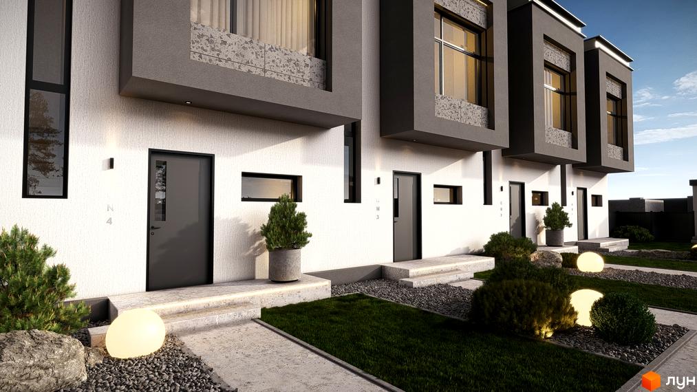 Зовнішній вигляд таунхаусів 11Dreams з білою стіною, сірими елементами та панорамними вікнами. Прибудинкова територія з газоном, доріжками та декоративним освітленням.