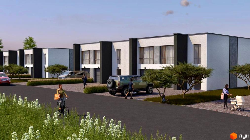 Зображення Котеджного містечка Ліщина 2: двоповерхові будинки з гаражами, зелена територія з деревами та пішохідними доріжками.