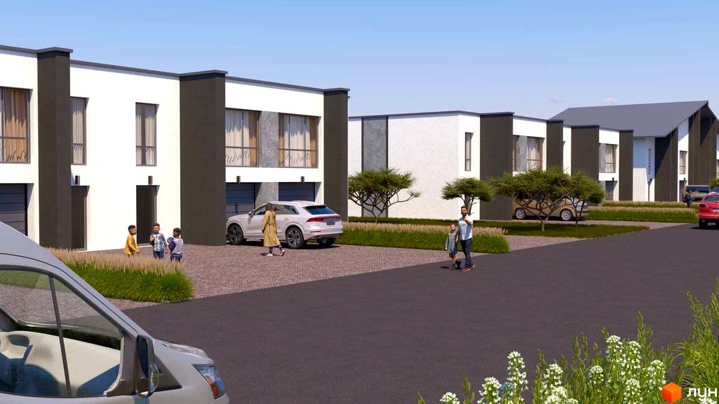 Котеджне містечко Ліщина 2 - фасади будинків з темними та світлими елементами, прибудинкова територія з деревами та дитячим майданчиком.