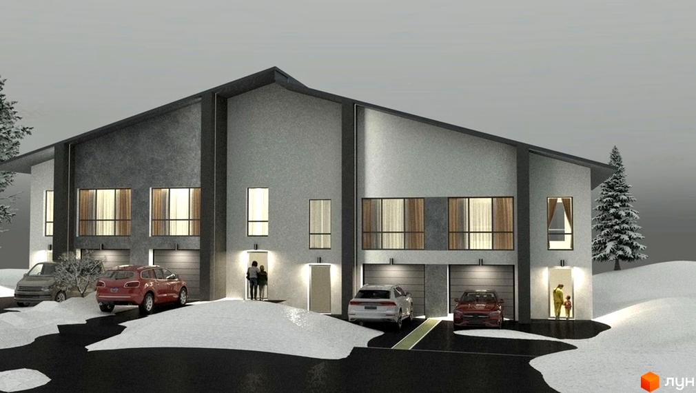 Вигляд Котеджного містечка Ліщина 2 взимку. На фото три будинки з автомобілями на подвір'ї та снігом навколо.