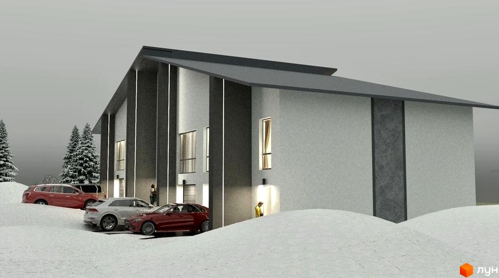 Котеджне містечко Ліщина 2 у зимовому ландшафті з сучасними будинками та автомобілями на парковці. Зовнішній вигляд новобудови з великими вікнами та сірою обробкою фасаду.