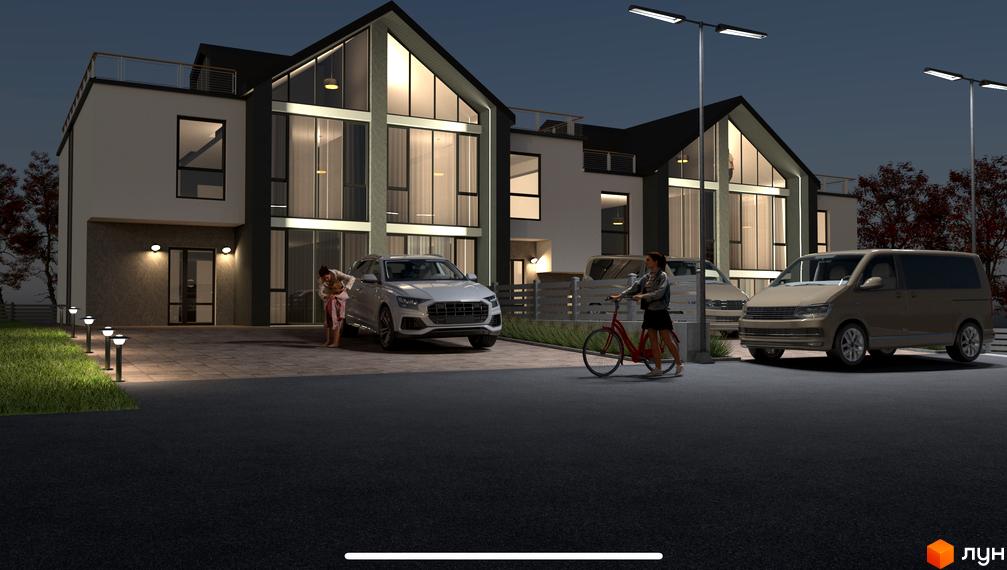 Фасад будинку з великими вікнами та терасою. На території Котеджного містечка Ліщина припарковані автомобілі, біля будинку стоїть жінка з дитиною та велосипедистка.