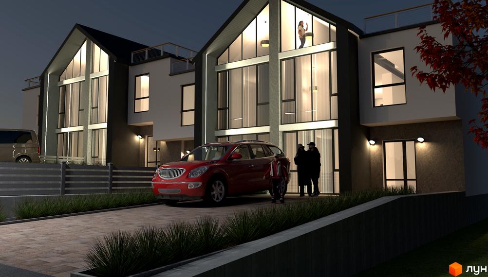 Будинки Котеджного містечка Ліщина з панорамними вікнами та освітленням фасаду. На подвір'ї авто та люди.