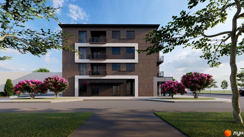 Новобудова на вулиці Хмельницького, 31, з цегляним фасадом та білими декоративними елементами. Перед будинком розташовані зелені насадження та доглянута прибудинкова територія.