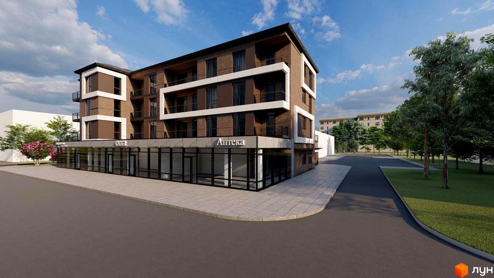 Зовнішній вигляд новобудови на вул. Хмельницького, 31 з комерційними приміщеннями на першому поверсі та балконами. Навколо будинку зелена зона з деревами та паркувальні місця.