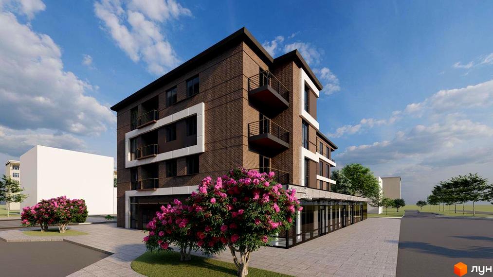 Зовнішній вигляд новобудови на вулиці Хмельницького, 31, з цегляним фасадом та балконами. Навколо будинку розташована прибудинкова територія з деревами та квітучими кущами.