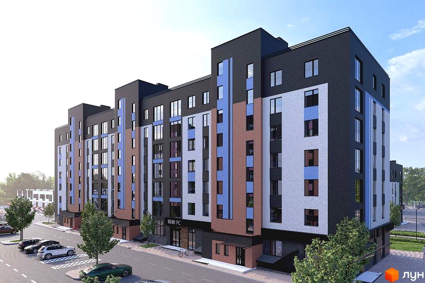 Зовнішній вигляд новобудови ЖК Династія з фасадами у коричневих, сірих та блакитних тонах. На прибудинковій території розташовані припарковані автомобілі та дерева.