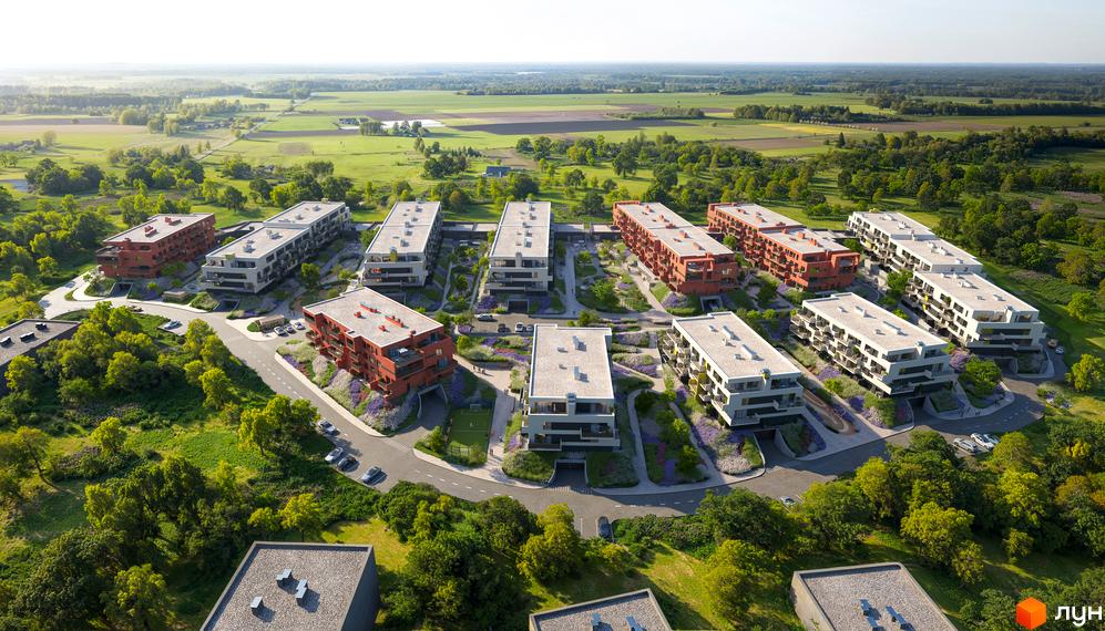 Житловий комплекс Greenville Prostir: сучасні багатоквартирні будинки з цегляним фасадом та білим оздобленням, розташовані серед зеленої прибудинкової території з квітами та деревами.