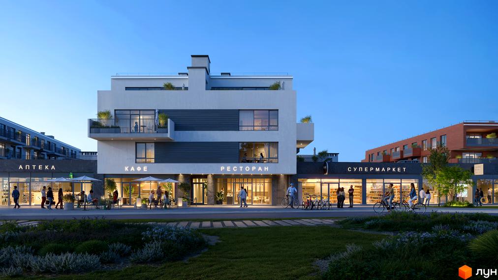 Житловий комплекс Greenville Prostir: фасади будівель з магазинами на першому поверсі та зонами відпочинку на прибудинковій території.