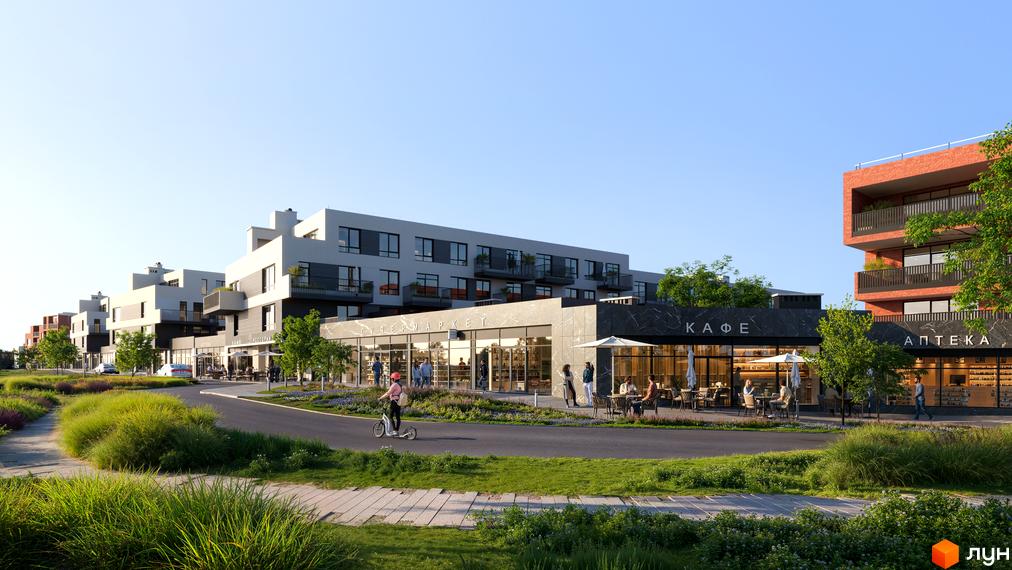 Житловий комплекс Greenville Prostir: фасади будівель з балконами та комерційними приміщеннями на першому поверсі, перед якими розташована зона відпочинку з терасою та зелені насадження.