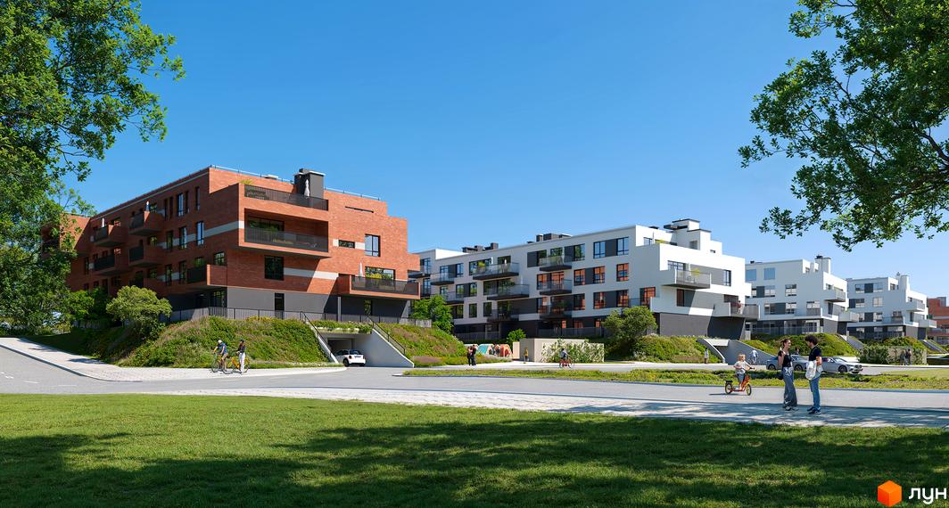 Житловий комплекс Greenville Prostir: цегляна та біла будівлі з балконами, зелена територія з людьми на велосипедах та автомобілями.