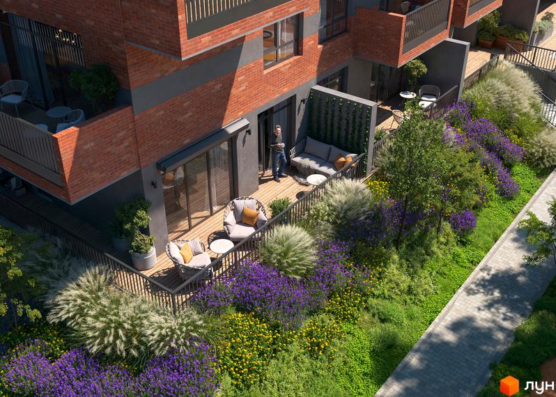 Житловий комплекс Greenville Prostir: цегляний будинок з балконами та зеленим подвір'ям з квітами та деревами. Відкритий простір для відпочинку.