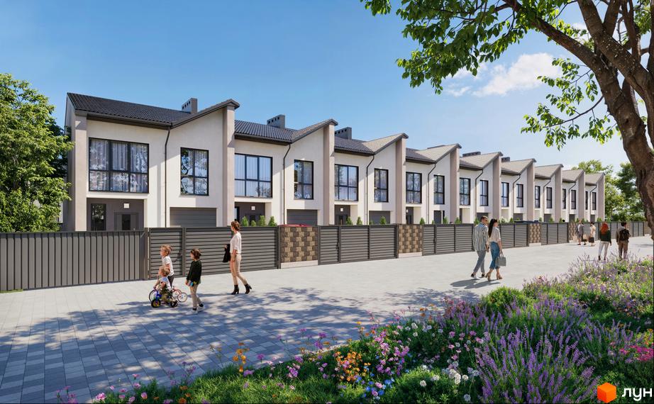 Таунхауси COMFORT TOWN з сірим парканом, бруківкою та квітами на прибудинковій території. Зовнішній вигляд будинків з великими вікнами та скатними дахами.