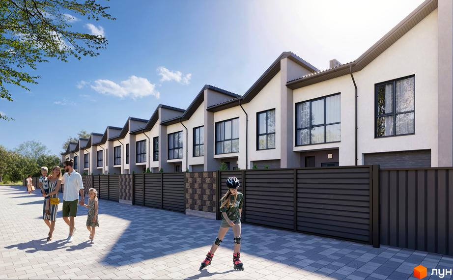 Таунхауси COMFORT TOWN з сірими дахами та великими вікнами, на прибудинковій території доріжка з плитки та паркан.